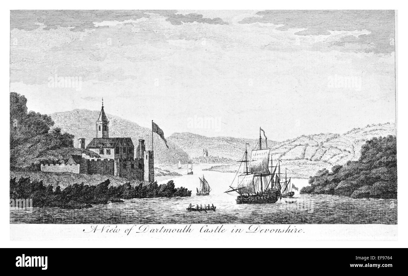 Incisione su rame 1776 bellezze paesaggistiche Inghilterra più eleganti magnifico edificio pubblico Dartmouth Castle Devonshire Devon Foto Stock