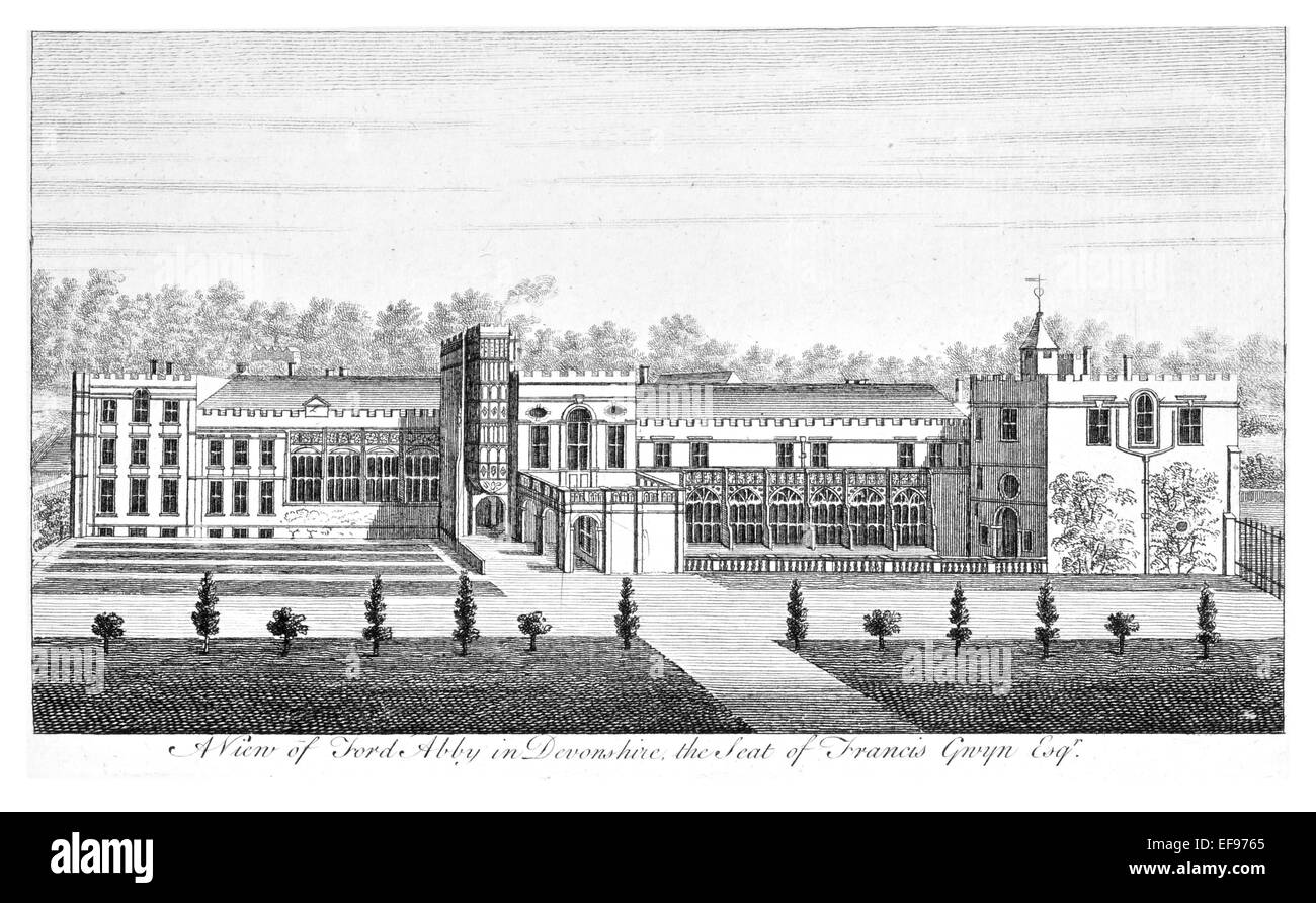 Incisione su rame 1776 bellezze paesaggistiche Inghilterra più eleganti magnifici edifici pubblici Forde Abbey Devonshire Devon . Foto Stock