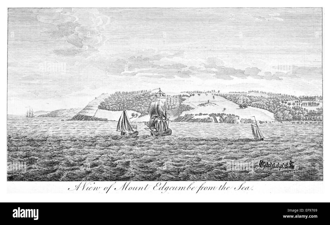 Incisione su rame 1776 bellezze paesaggistiche Inghilterra più eleganti magnifici edifici pubblici.Mount Edgcumb dal mare Cornovaglia Foto Stock