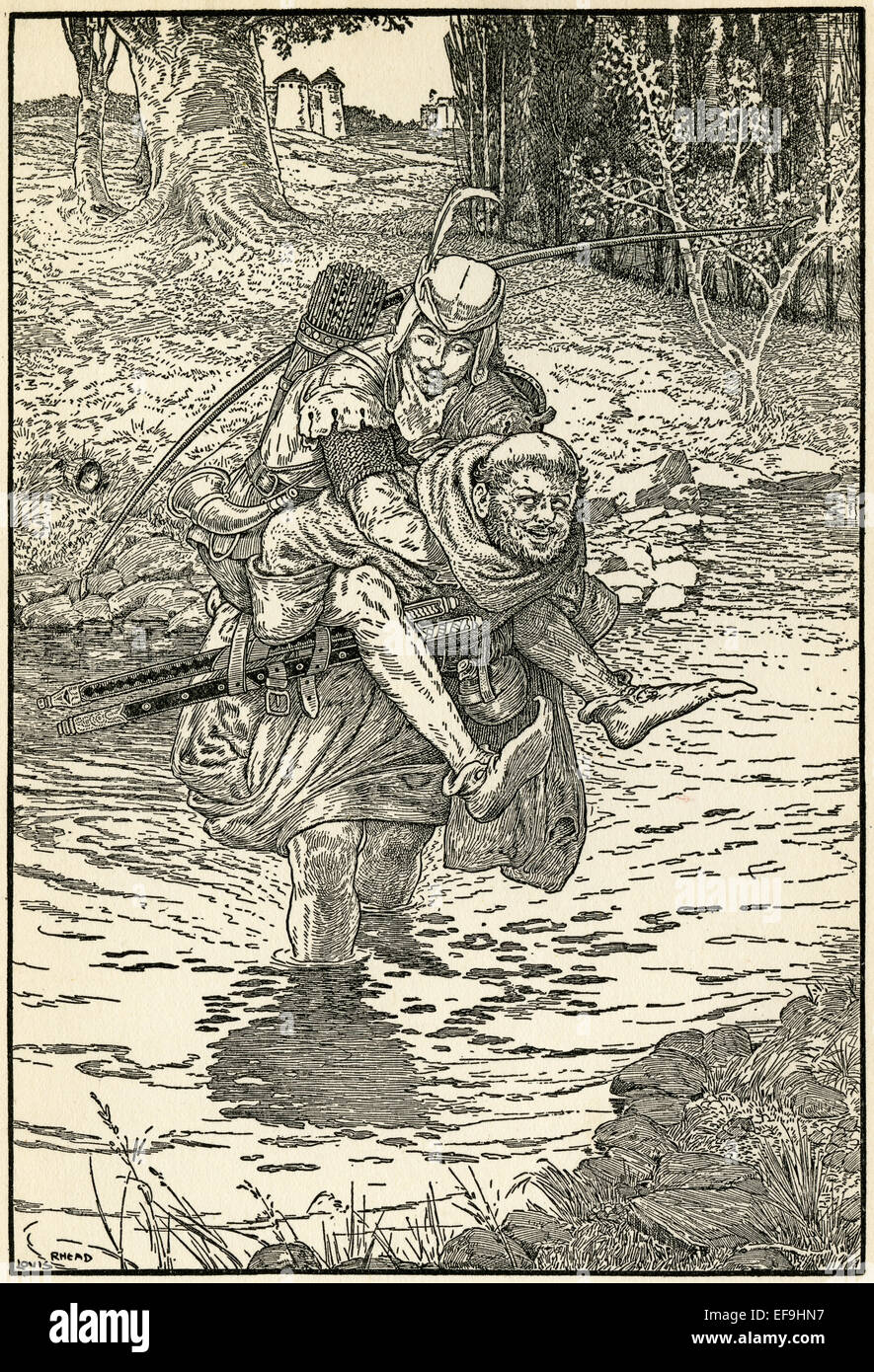 Frate Tuck porta Robin Hood attraverso il ruscello. Foto Stock