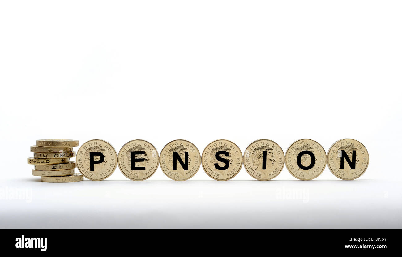 Una libbra di monete ortografia Pensioni Pensioni NUOVAMENTE IL REGIME PENSIONISTICO RISPARMI RENDITA POT NESTEGG AZIENDA reddito privato di denaro contante REGNO UNITO Foto Stock