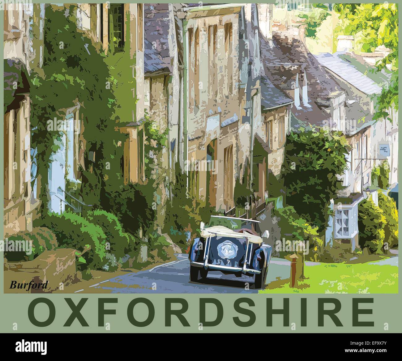 Un poster in stile interpretazione di un nero MG TF classico auto parcheggiate in Cotswold città di Burford, Oxfordshire, England, Regno Unito Foto Stock