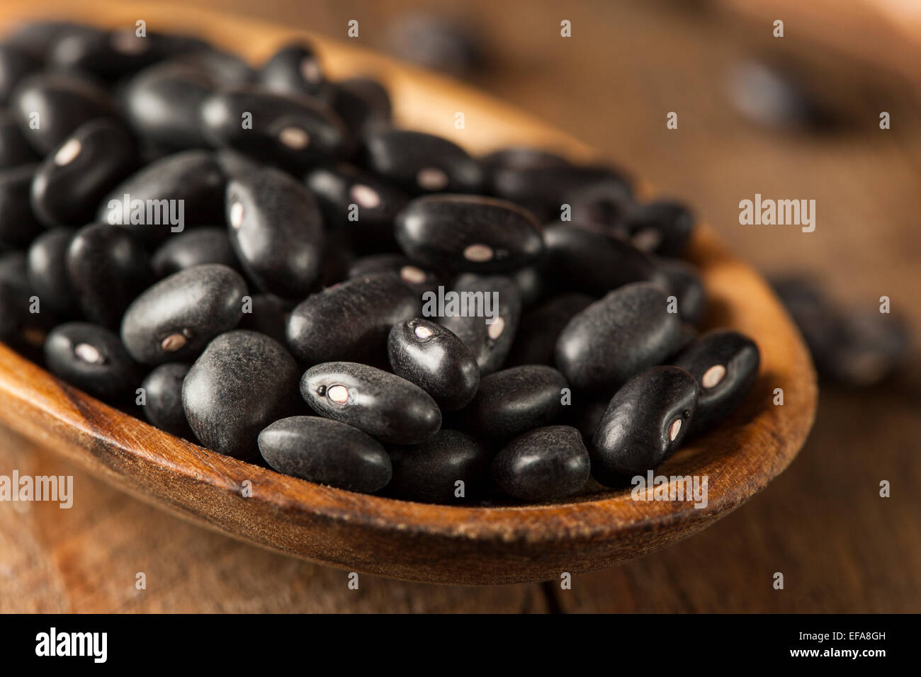 Materie organiche di fagioli neri sgocciolati in un cucchiaio Foto Stock