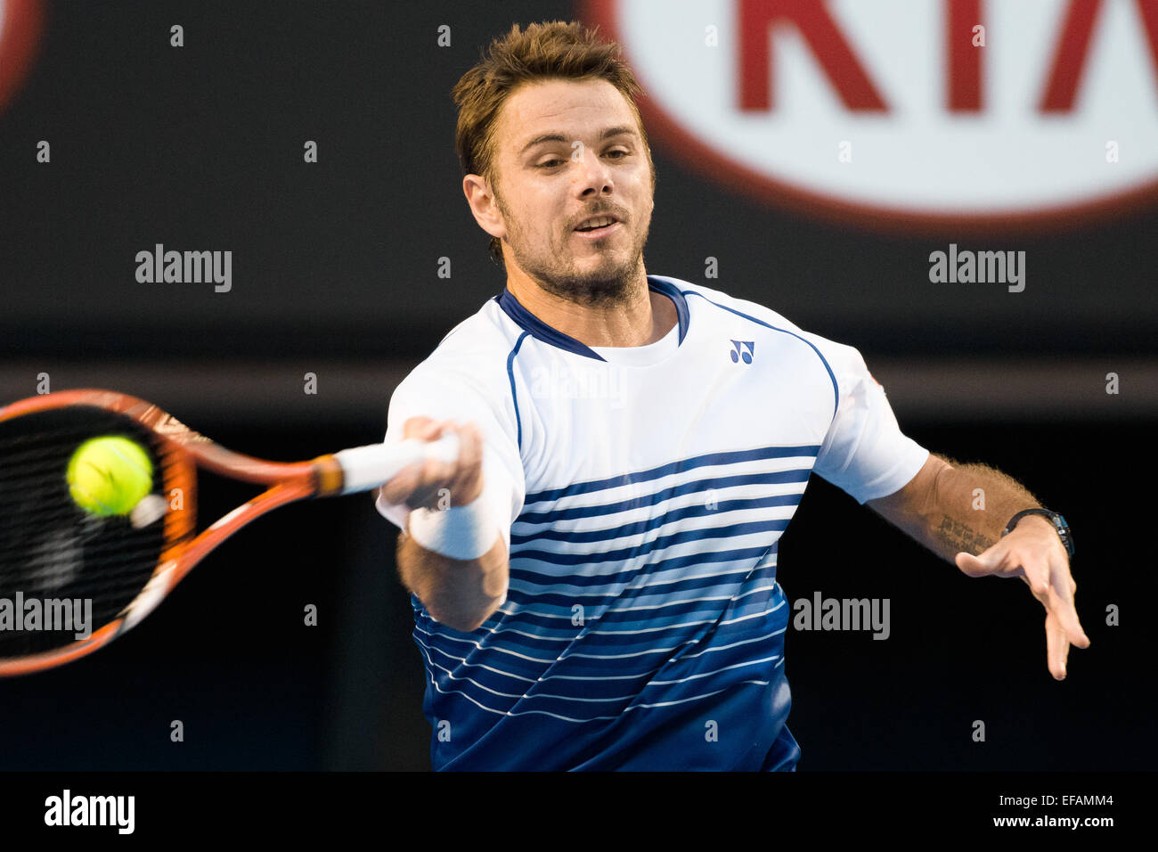 Melbourne, Australia. 30 gen, 2015. Quarto seme Stan Wawrinka (SUI) in azione in una semifinale partita contro il primo seme Novak Djokovic (SRB) il giorno dodici del 2015 Australian Open Grand Slam torneo di tennis a Melbourne Park a Melbourne, Australia. Sydney bassa/Cal Sport Media. Credito: csm/Alamy Live News Foto Stock