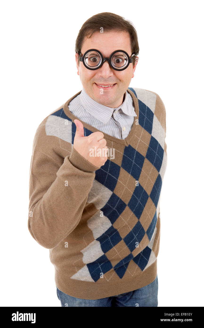Geek uomo andando Thumbs up, isolato su bianco Foto Stock
