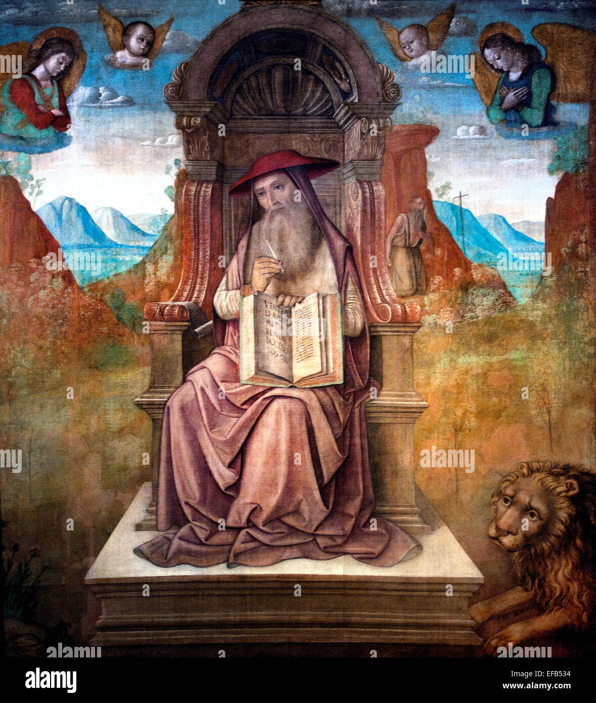 San Girolamo in trono da Santi o Sanzio, Giovanni (1435-94) Pinacoteca Musei Vaticani Roma Italia ( San Girolamo (347 - 420) sacerdote, Teologo e Dottore della Chiesa ) Foto Stock