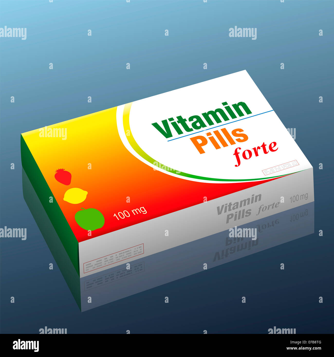Pills denominato vitamina pillole forte con una fragola, limone e di un Apple come un logo del marchio sulla confezione, un medico di prodotto falso. Foto Stock