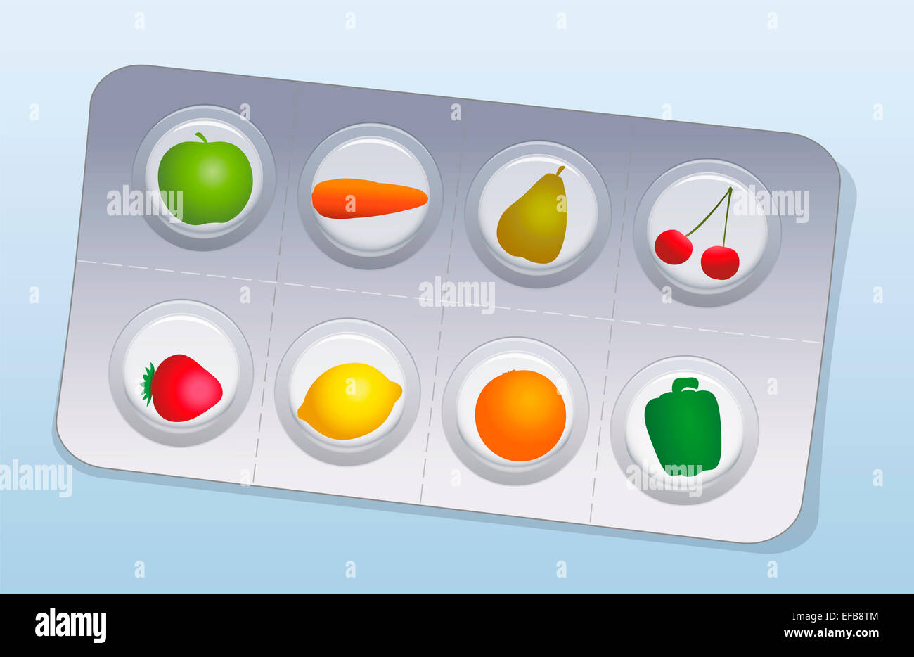 Le pillole che somigliano a frutta e verdura in una confezione blister. Foto Stock