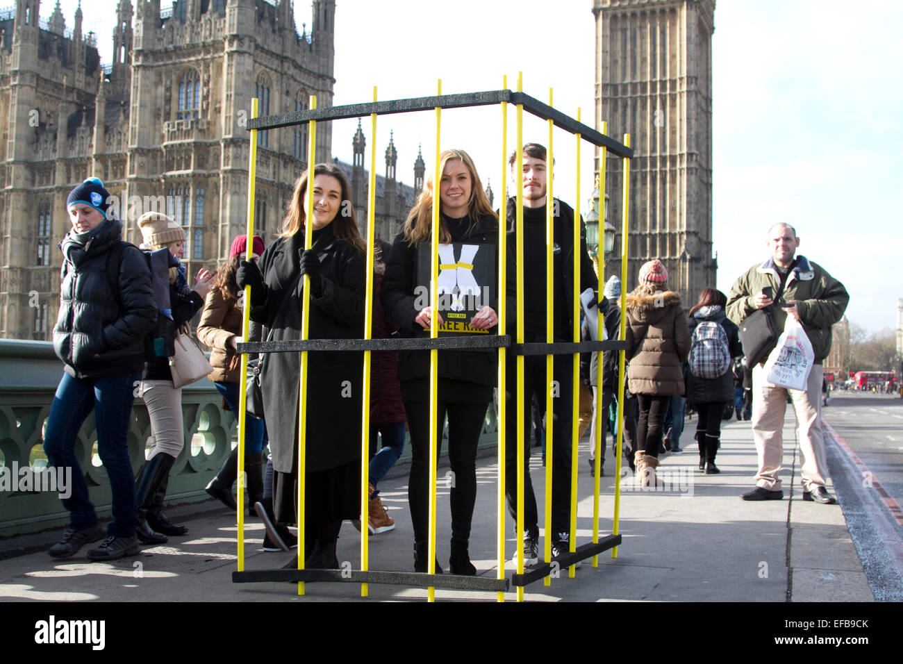 Londra, Regno Unito. Il 30 gennaio, 2015. I membri di Amnesty International in attesa di effettuare il cambio con il carcere di fronte alla sede del Parlamento a sostegno del imprigionato in Arabia blogger Raif Badawi. Credito: amer ghazzal/Alamy Live News Foto Stock