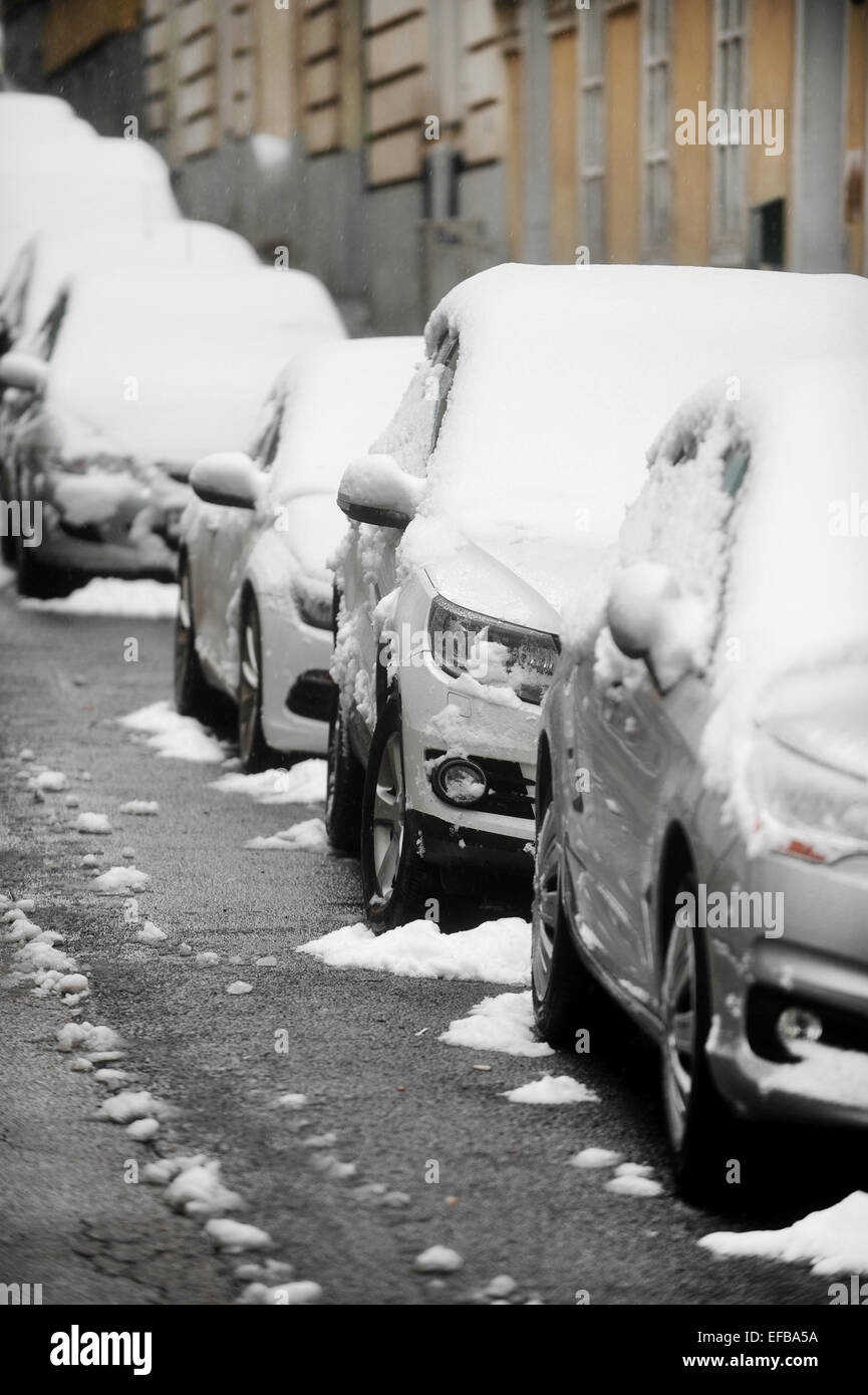 Scena urbana con auto parcheggiate in fila coperte di neve durante una nevicata Foto Stock