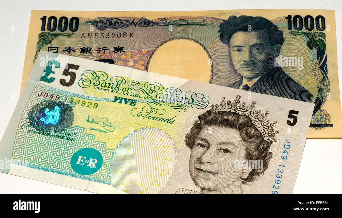 Sterlina britannica e yen giapponese nota banca Foto Stock
