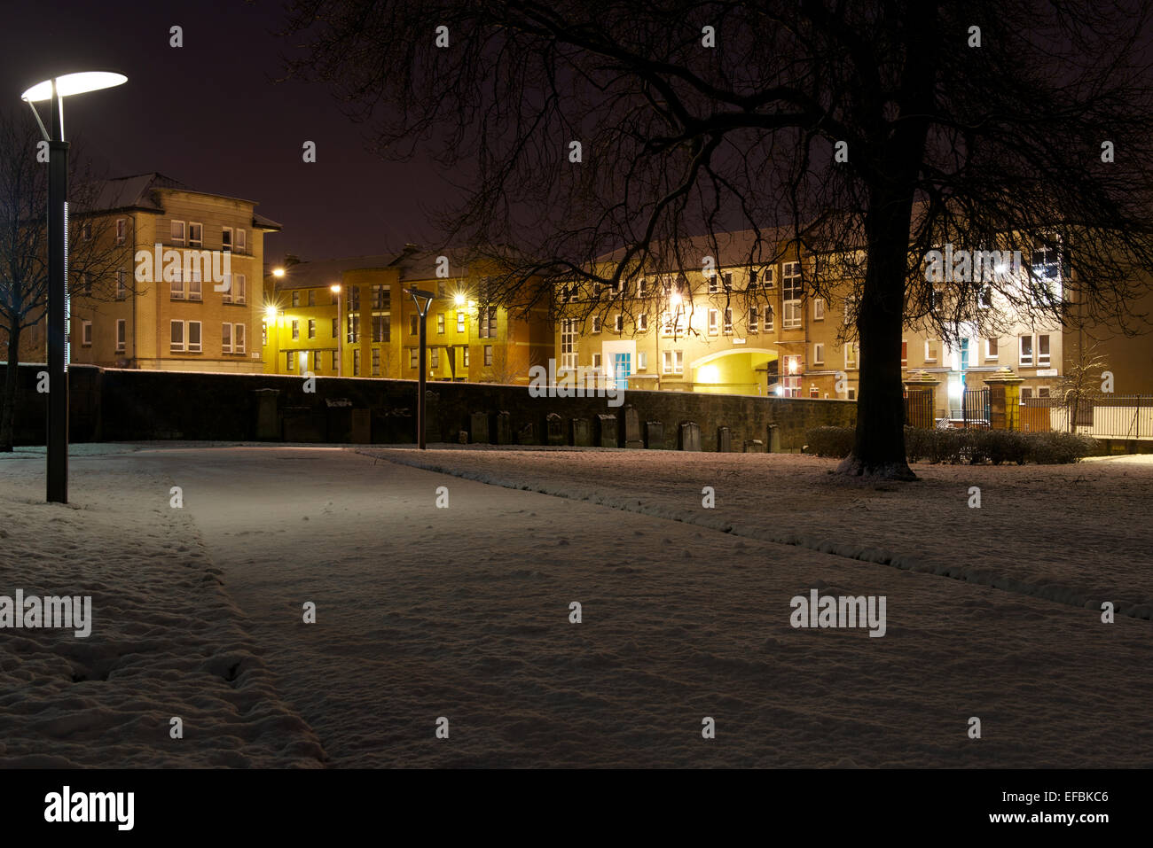 Edifici appartamento vista dal giardino di rose, Gorbals durante la notte dopo una nevicata. Foto Stock