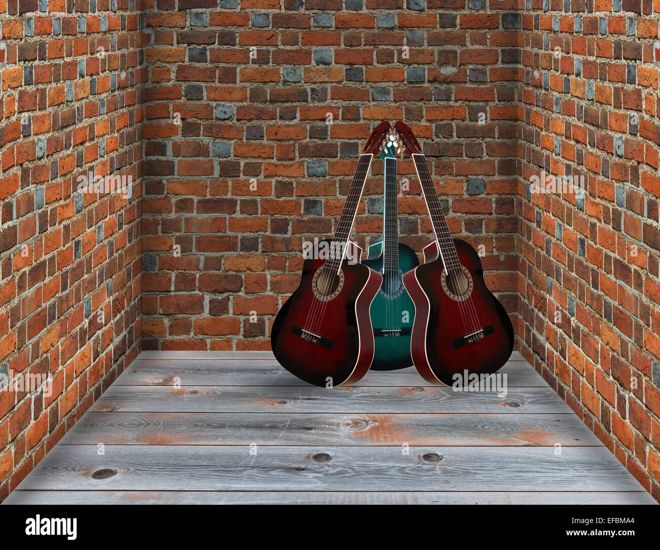 Tre chitarre in un angolo della stanza con pareti in mattoni Foto Stock