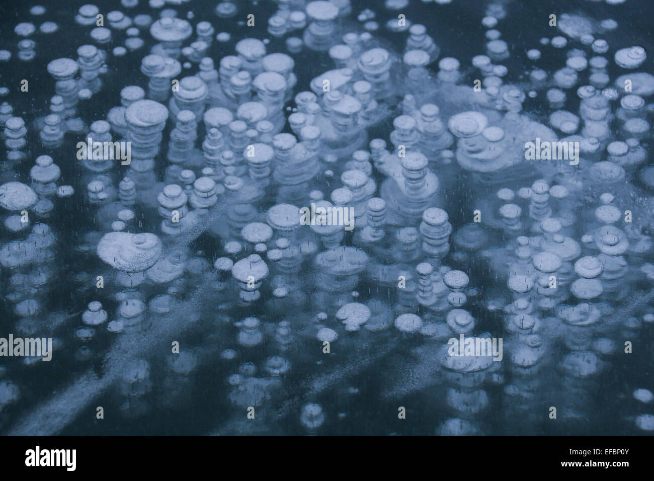 Una strana serie di bolle in un lago ghiacciato. Foto Stock