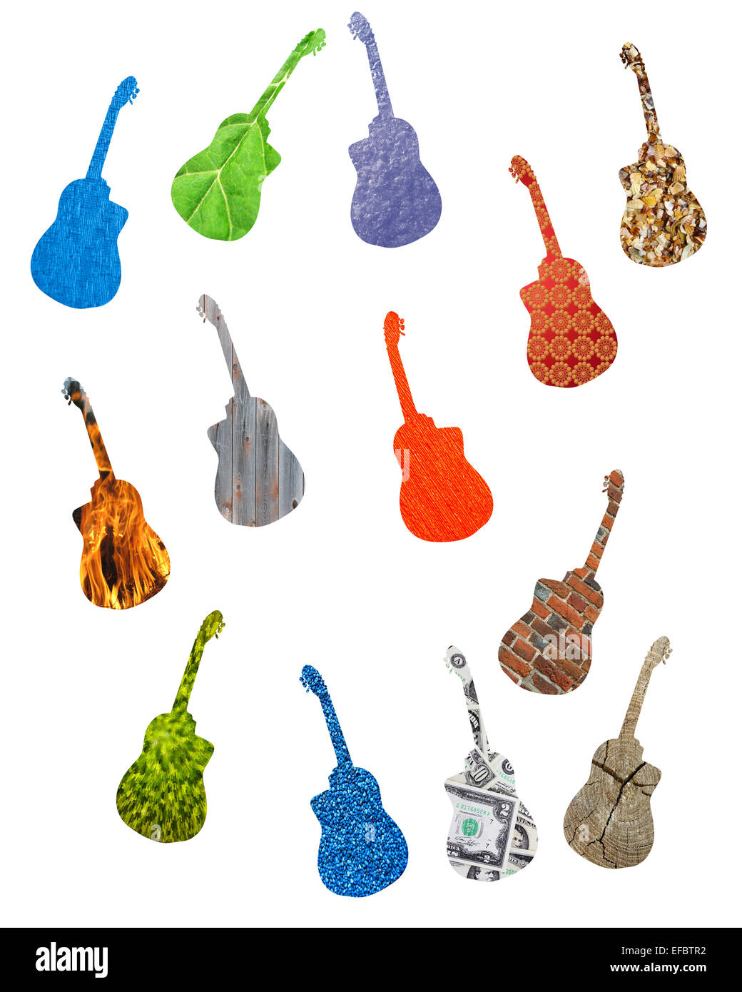 Molte chitarre colorate isolati su sfondo bianco Foto Stock