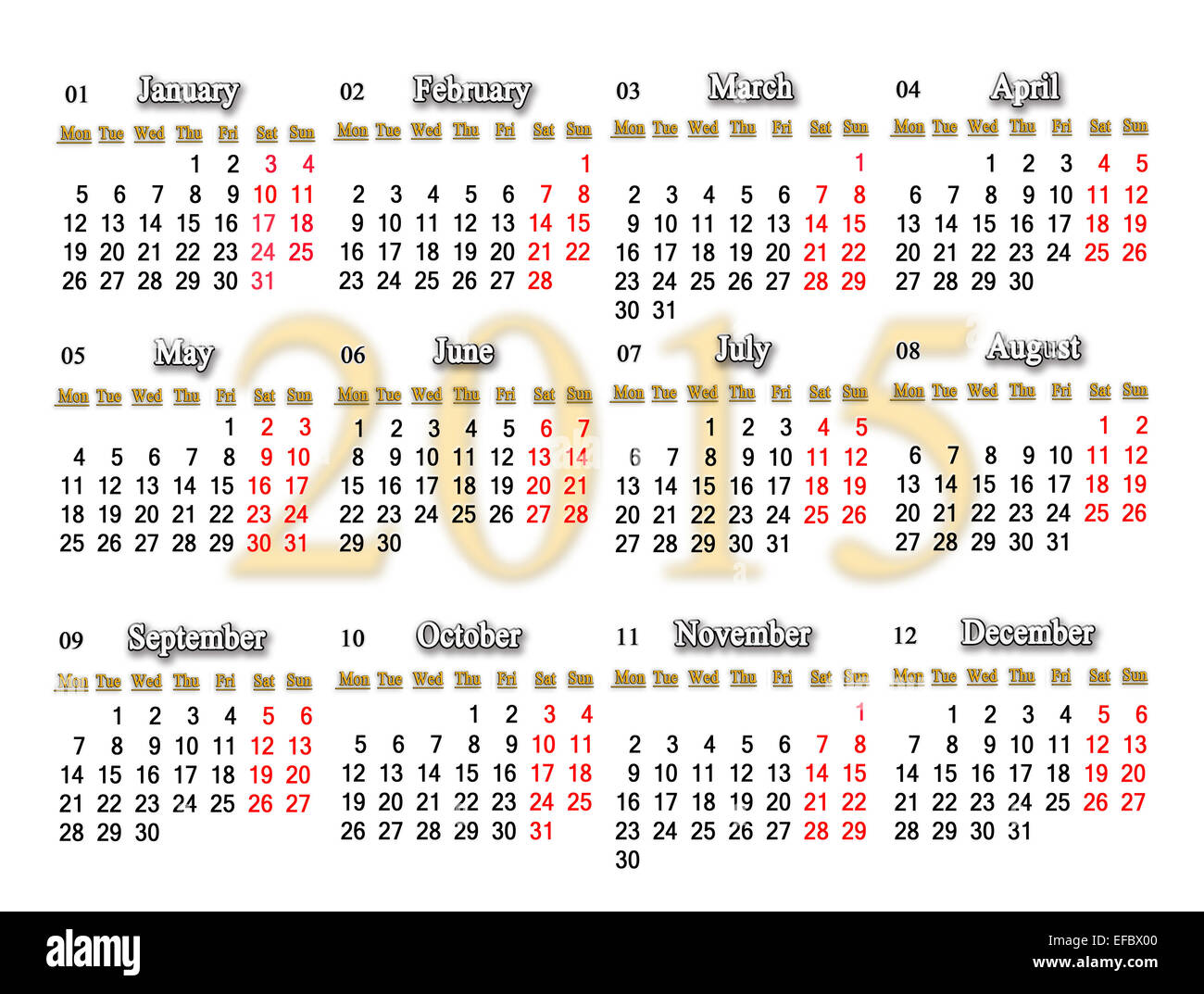 Ufficio usuali per il calendario 2015 anno su sfondo bianco Foto Stock