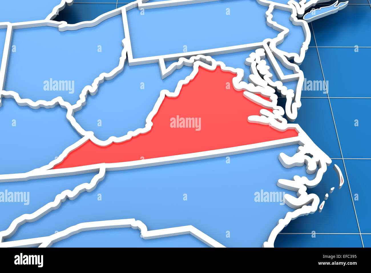 3D rendering della mappa USA con lo stato della Virginia ha evidenziato Foto Stock