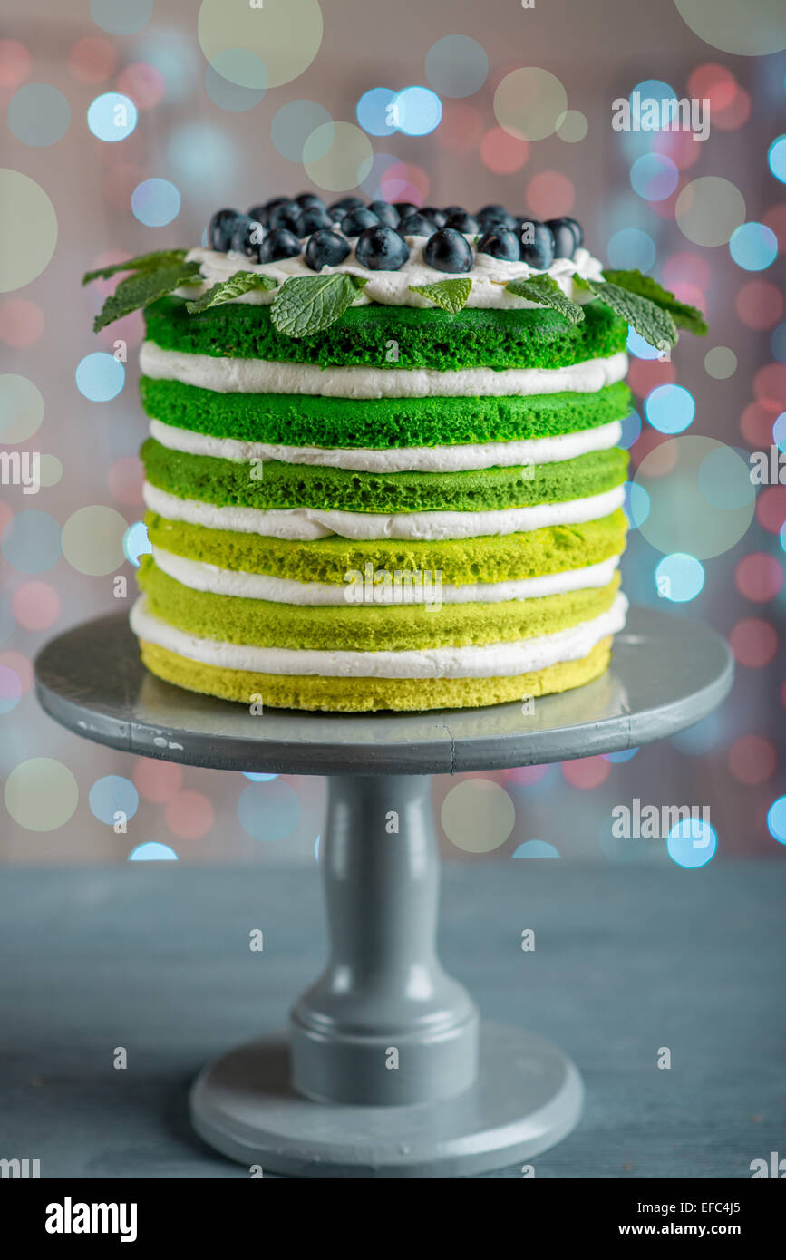 Bella spugna buon compleanno torta con mascarpone e uva sulla torta stand sulla luce festosa bokeh di fondo Foto Stock