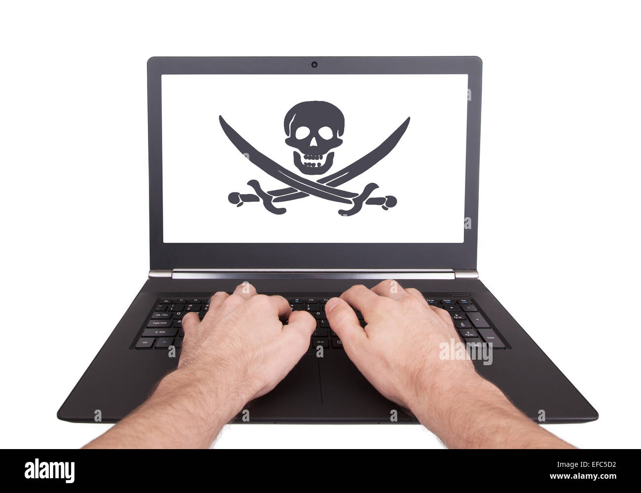 Uomo al lavoro su laptop, pirateria, isolato Foto Stock