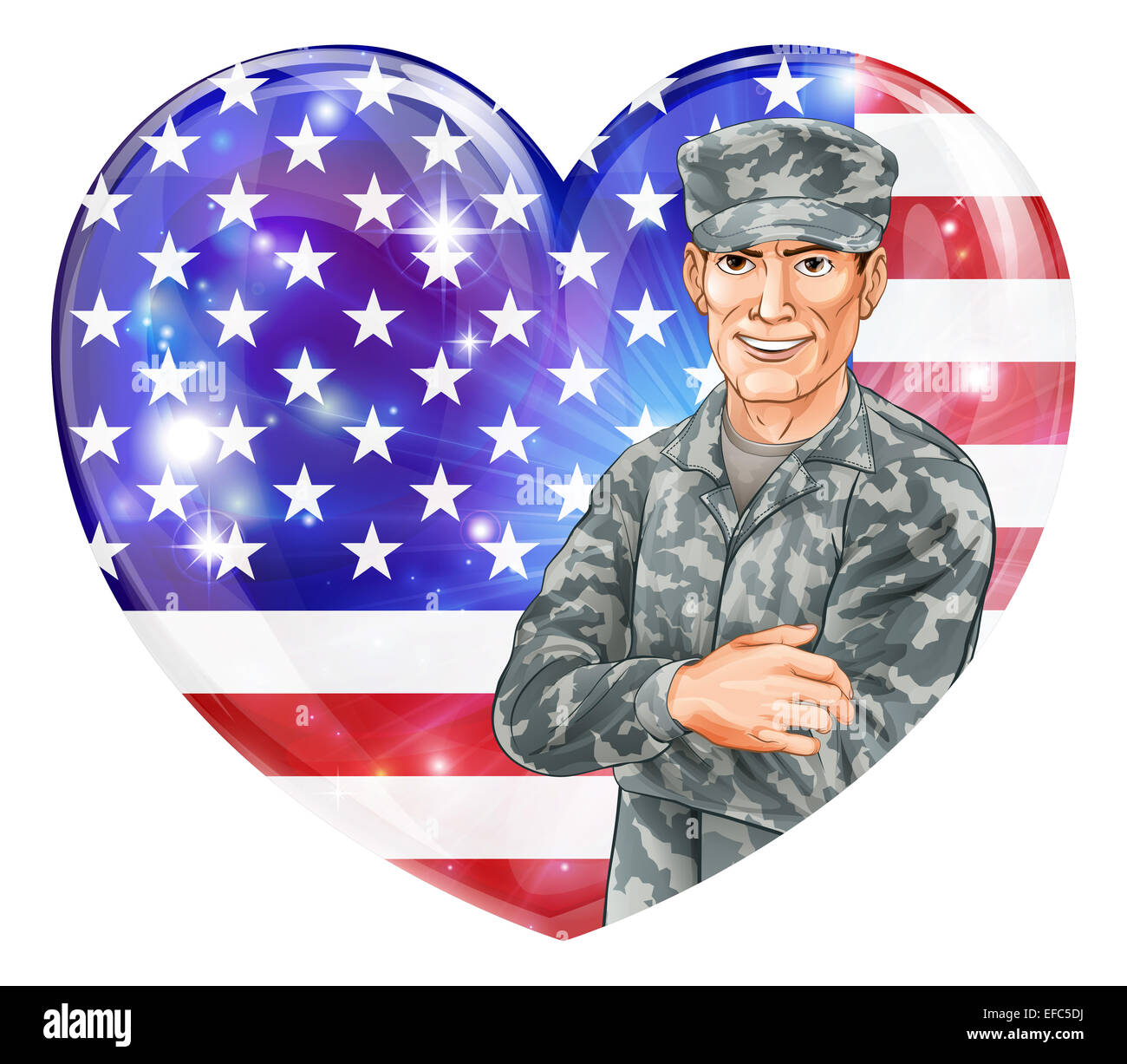 Stati Uniti d'America soldato illustrazione di un bel felice soldato americano di fronte a noi un cuore bandiera con party palloncini. Ottimo per 4 Lug Foto Stock
