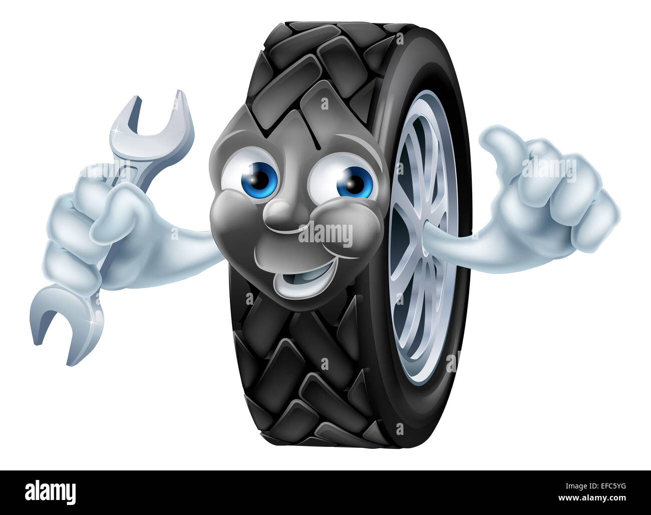 Pneumatico meccanico mascotte cartoon carattere con chiave o chiave di dare un pollice in alto Foto Stock