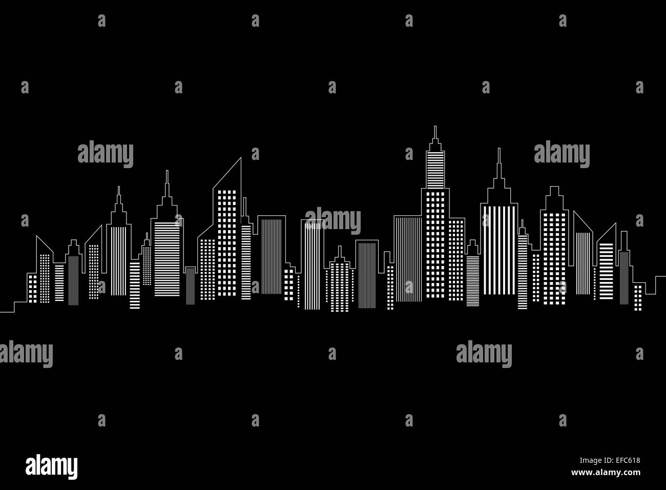 Skyline della città Silhouette Bianco su nero Foto Stock