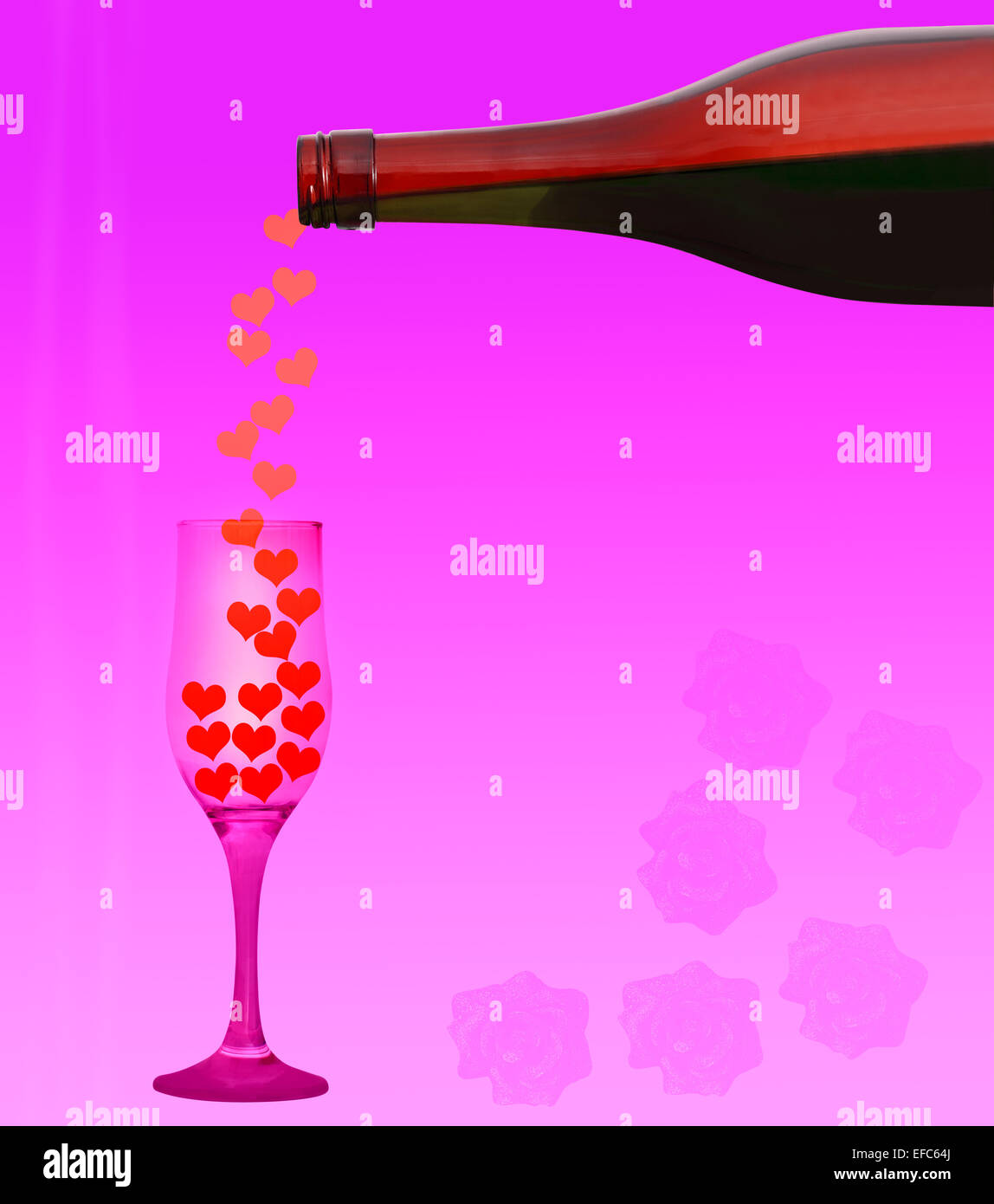 Parte fotografia, parte illustrazione che mostra una bottiglia di vino i cuori di colata in un bicchiere con glittery fading roses in background Foto Stock