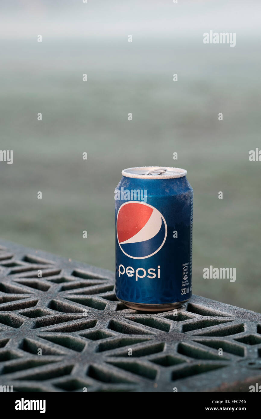 Gelido freddo può della Pepsi su un gelido mattino Foto Stock