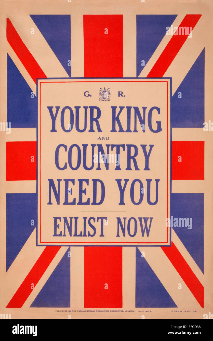 " Il re e il paese hanno bisogno di te' Poster di reclutamento 1914. Foto Stock