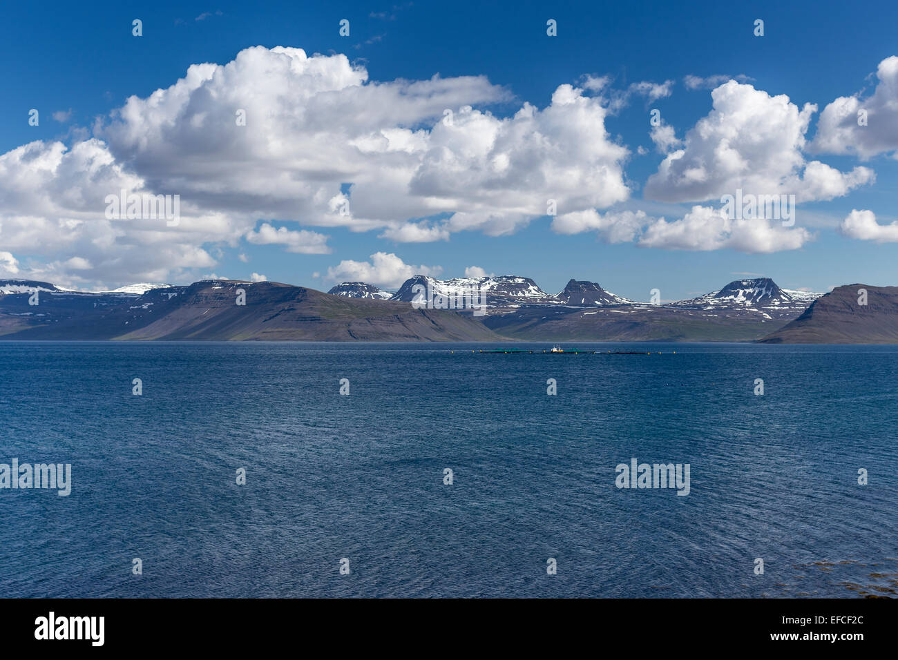 Islanda Westfjords Látrabjarg nuvole sul fiordo Foto Stock