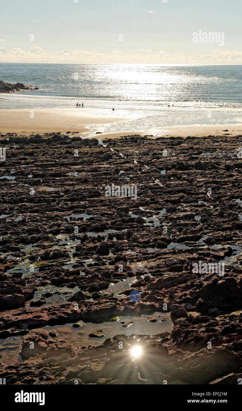 Manorbier, Pembrokeshire, Il Galles ha una grande e bellissima baia di spazzamento e di attrazione turistica al di sotto del cielo aperto. Foto Stock