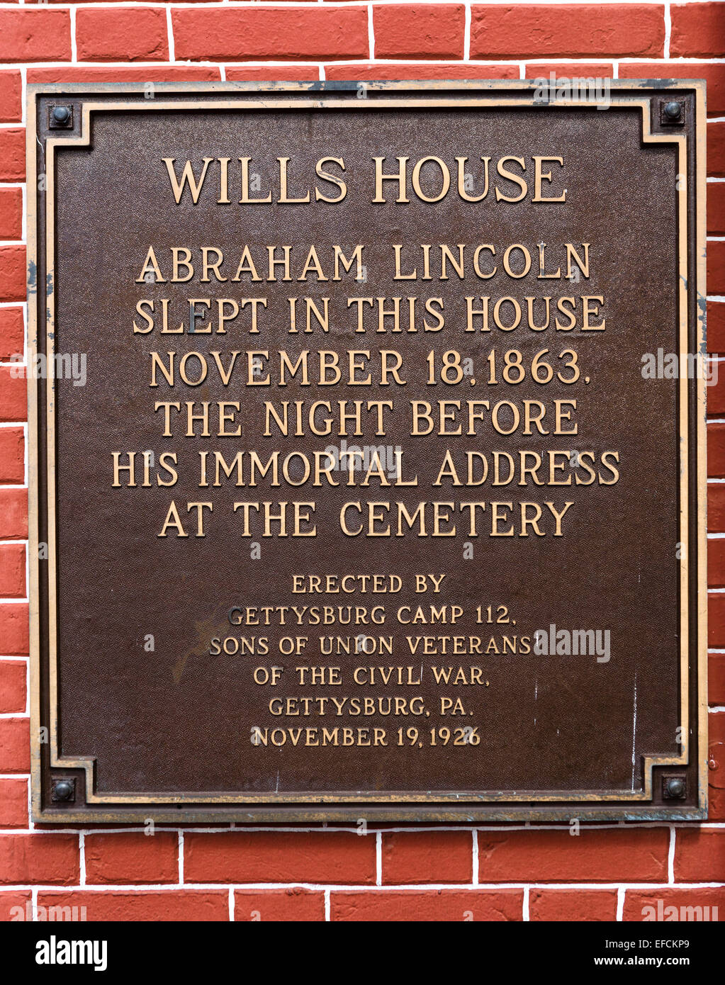 La placca al di fuori di Wills House dove il Presidente Lincoln alloggiato prima del suo discorso di Gettysburg, Lincoln Square, Gettysburg, PA, Stati Uniti d'America Foto Stock