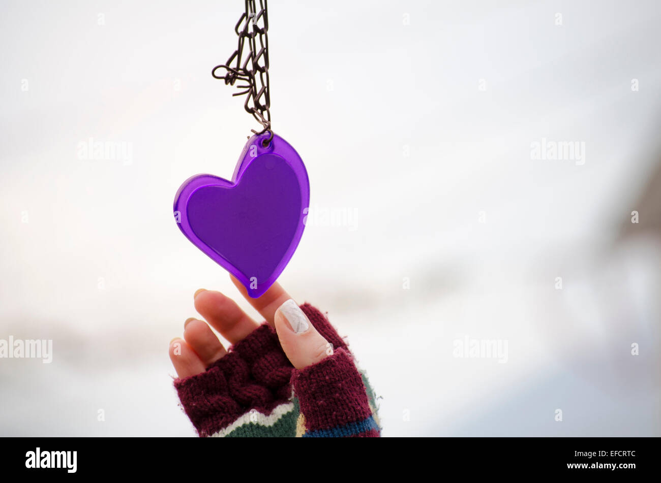 Donna in mano i guanti per raggiungere un cuore viola contro un bianco di sfondo bokeh di fondo Foto Stock