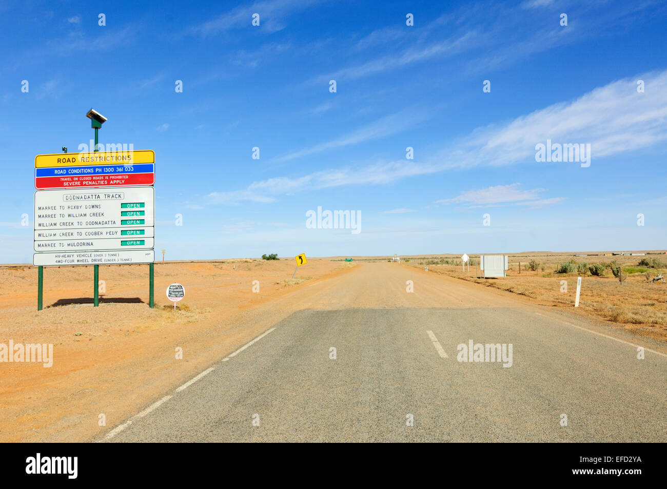 Fine della strada asfaltata, Oodnadatta Track, Sud Australia Foto Stock