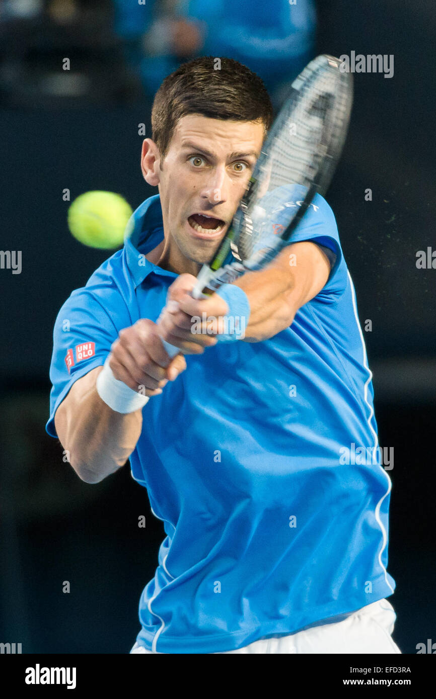 Melbourne, Australia. Il 1° febbraio 2015. Primo seme Novak Djokovic (SRB) in azione a uomini della partita finale contro sesto seme Andy Murray (GBR), il giorno quattordici del 2015 Australian Open Grand Slam torneo di tennis a Melbourne Park a Melbourne, Australia. Sydney bassa/Cal Sport Media. Foto Stock