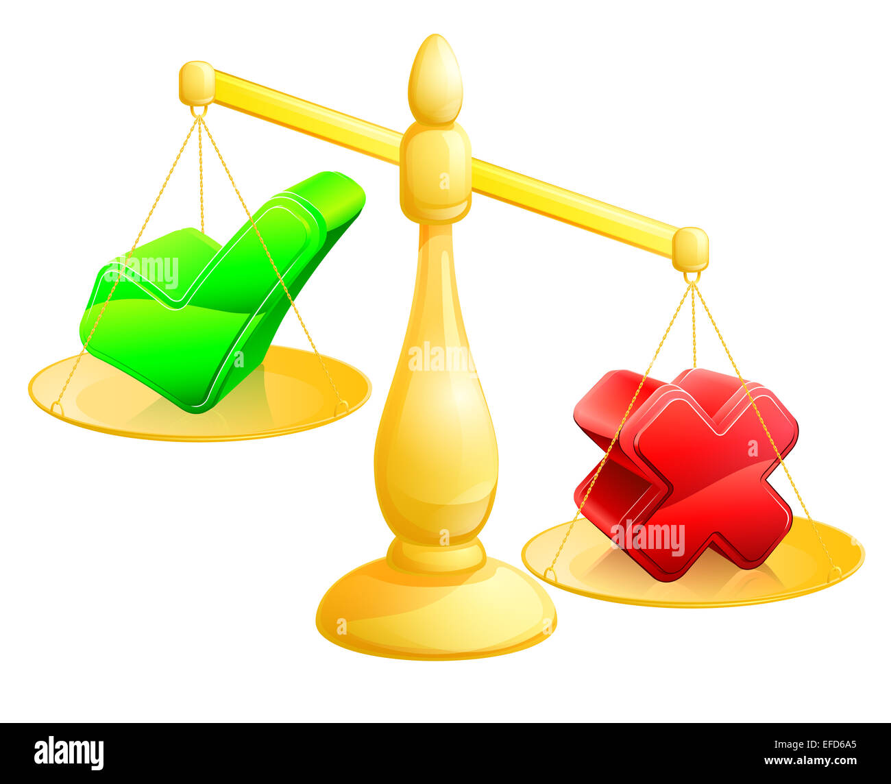 La scelta di alcun concetto di una bilancia con una croce su di un lato e un segno di spunta sull'altro, la croce il superamento del tick Foto Stock