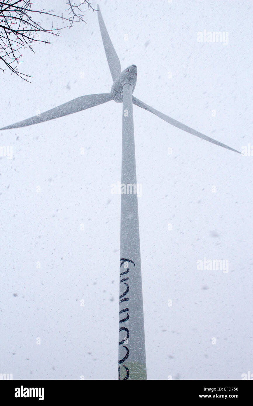 Turbina eolica nella neve 31 Jan 2015 3pm Swaffham, Norfolk. Foto Stock