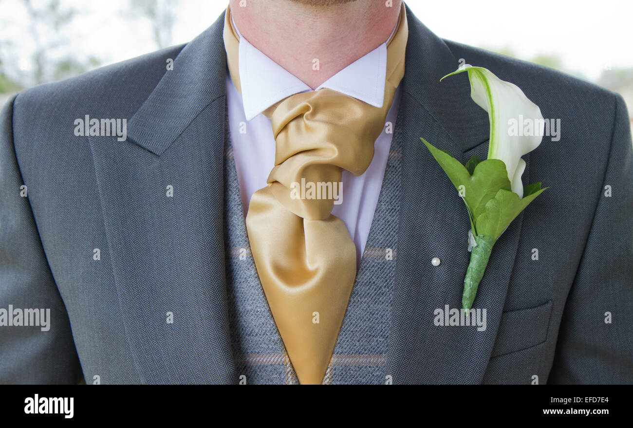 Lo sposo con cravat e corpetto su bavero Foto Stock