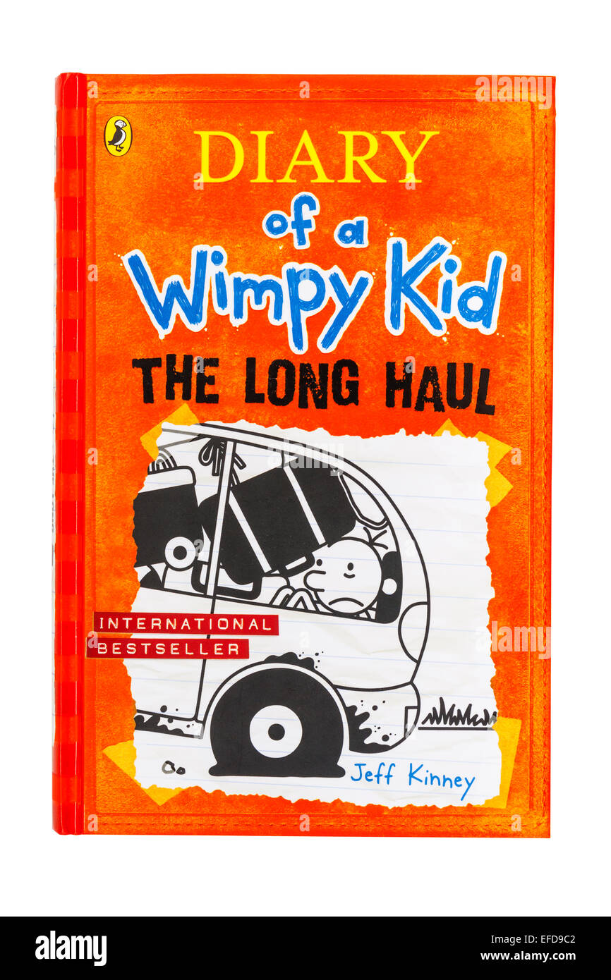 Il libro chiamato Diario di un Wimpy Kid lungo raggio da Jeff Kinney su sfondo bianco Foto Stock