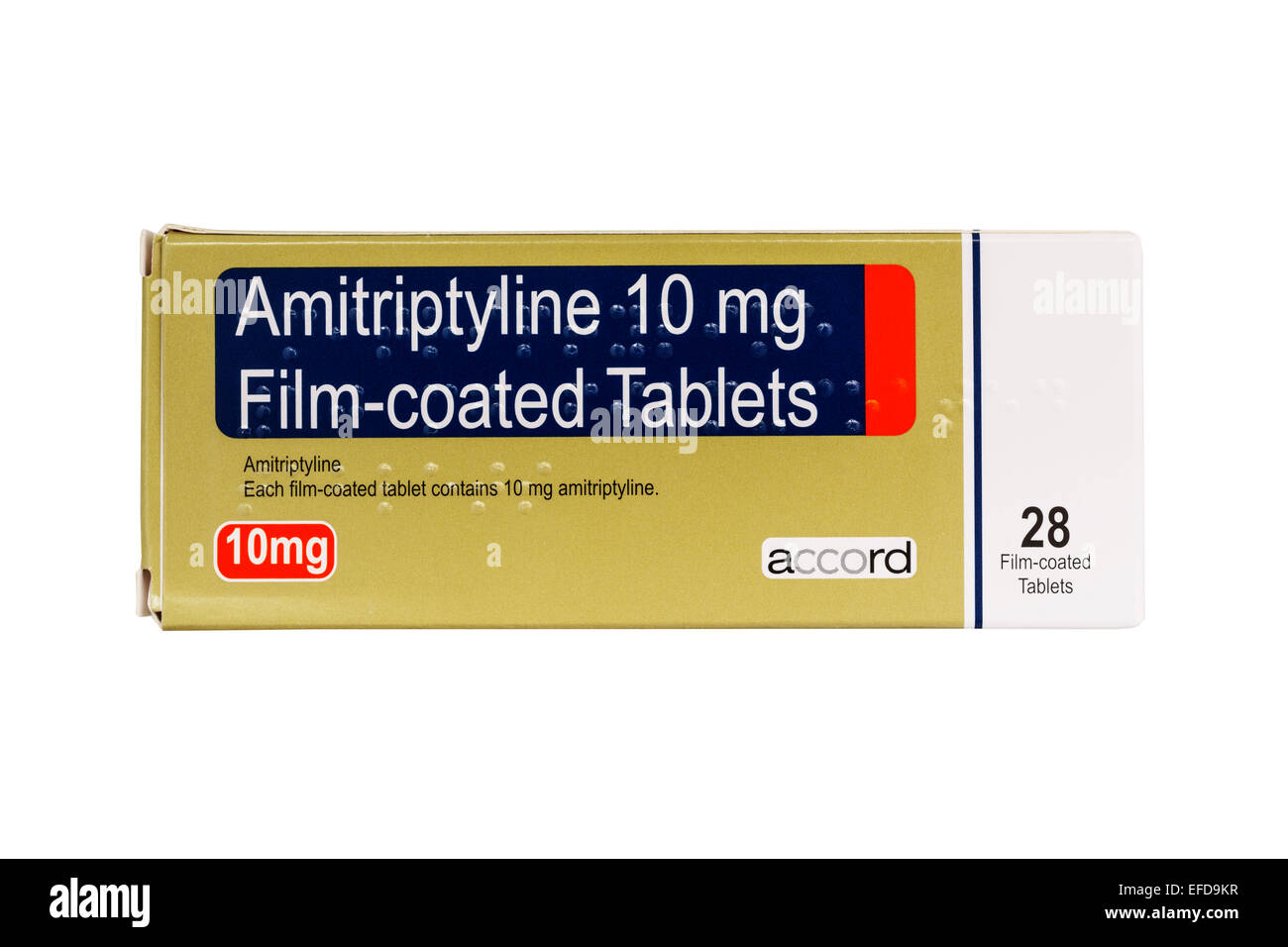 Una scatola di amitriptilina 10 mg compresse rivestite con film su sfondo bianco Foto Stock