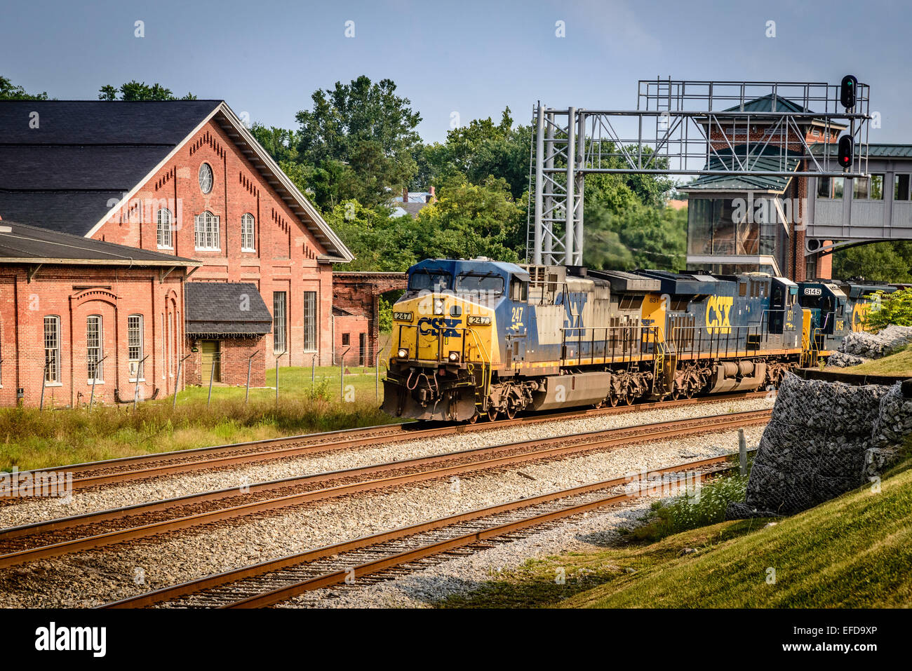 CSX AC44CW n. 247 come piombo sulla testata tripla di trasporto misto merci, Martinsburg, West Virginia Foto Stock