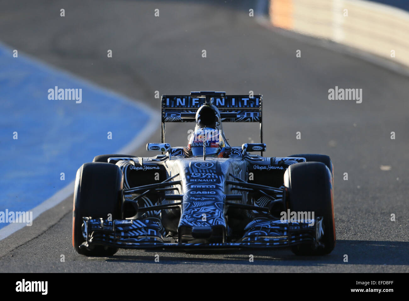 Jerez de la frontera, Spagna. Il 1° febbraio 2015. Daniel Ricciardo della Red Bull Racing prende il suo nuovo zebra stampa l'auto al circuito Credito: Azione Sport Plus/Alamy Live News Foto Stock