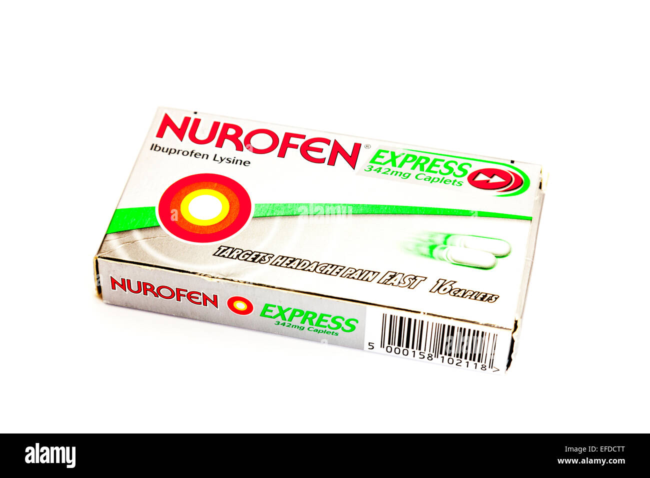 Nurofen compresse pacchetto scatola di ibuprofen lisina express caplet mal  di testa dolore remedy ritagliata uno spazio di copia sullo sfondo bianco  Foto stock - Alamy