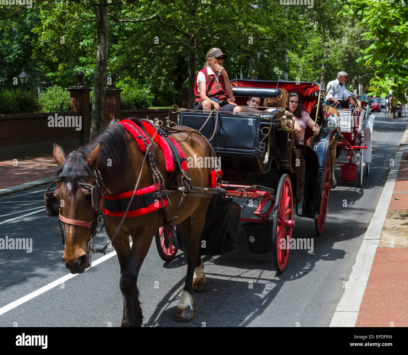Horsedrawn giro in carrozza nella Independence Hall district, Philadelphia, Pennsylvania, STATI UNITI D'AMERICA Foto Stock