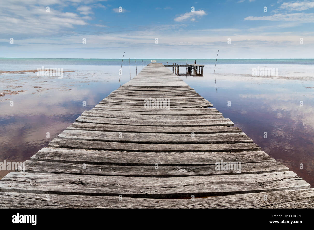 Passerella di legno su un faggio circondato da acqua Foto Stock