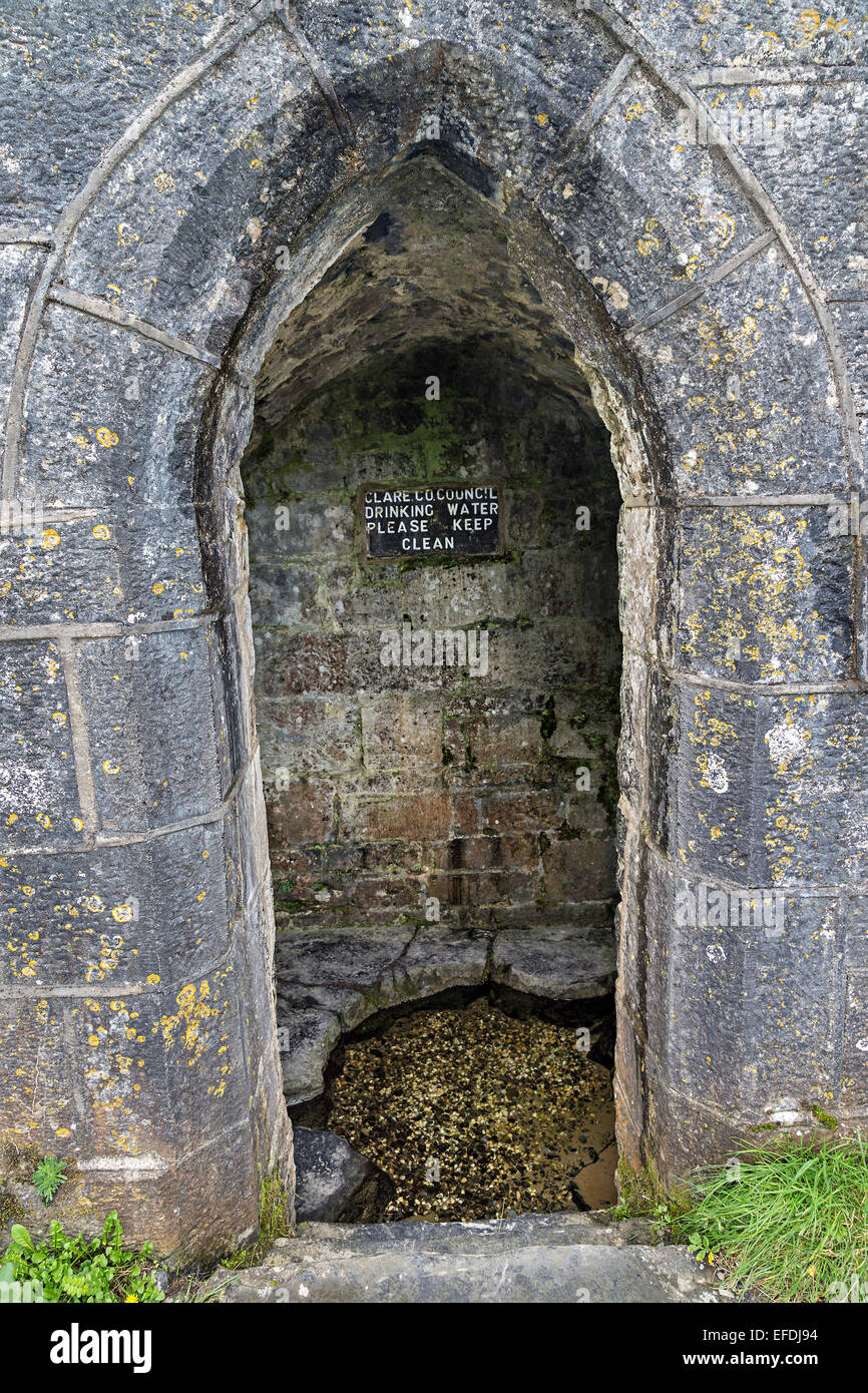 Porta alla Pinnacle ben (o Tobercornan) con alloggiamento costruita in stile gotico nel 1860, strada costiera Gleninagh Nord, Co. Chiara, Foto Stock