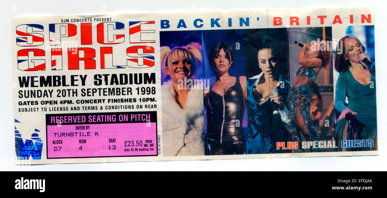 Spice Girls Biglietti concerto per lo stadio di Wembley, Londra, Gran Bretagna - domenica XX Settembre 1998. Foto Stock