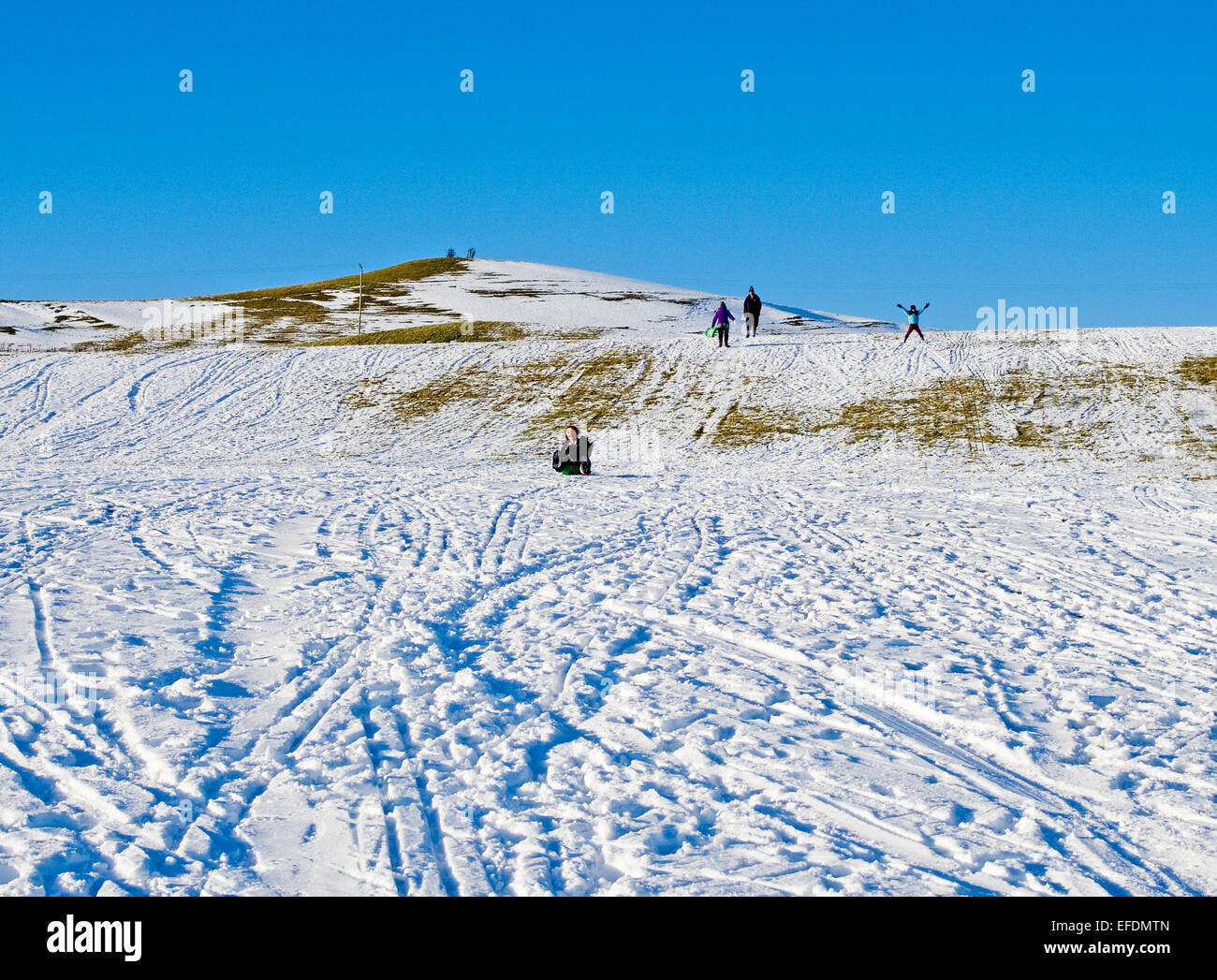 Lake District, Cumbria, Regno Unito. Il 1 febbraio, 2015. Regno Unito: Meteo dopo la recente nevicata, su di un soleggiato ma terribilmente freddo giorno, una famiglia gode di slittino sul fells vicino a Caldbeck, nel distretto del lago, Cumbria, England Regno Unito. Credito: Julie friggitrice/Alamy Live News Foto Stock