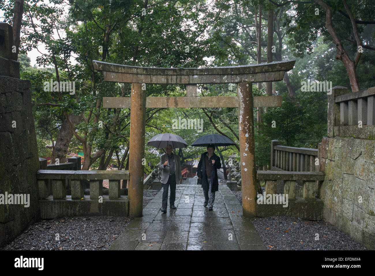 Torii Gate leading alla tomba di Tokugawa Ieyasu, Kunozan Tosho-go-sacrario scintoista, Shizuoka, Giappone Foto Stock