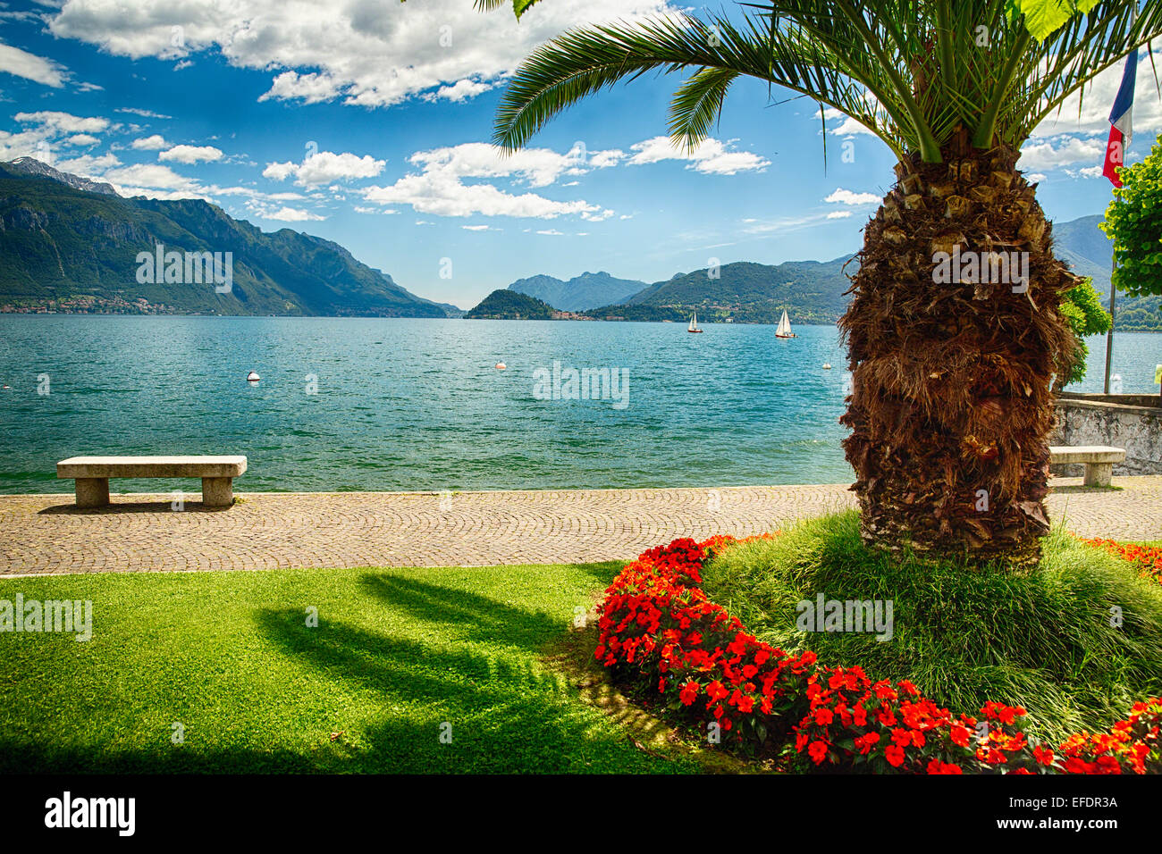 Vista panoramica del lago di Como a partire da un parco, Maggiore, il lago di Como, Lombardia, Italia Foto Stock
